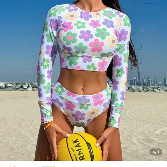 SHEIN Floral Long Sleeve Bikini Set - White, Purple, Green, Pink brand new - Picture 4 of 12